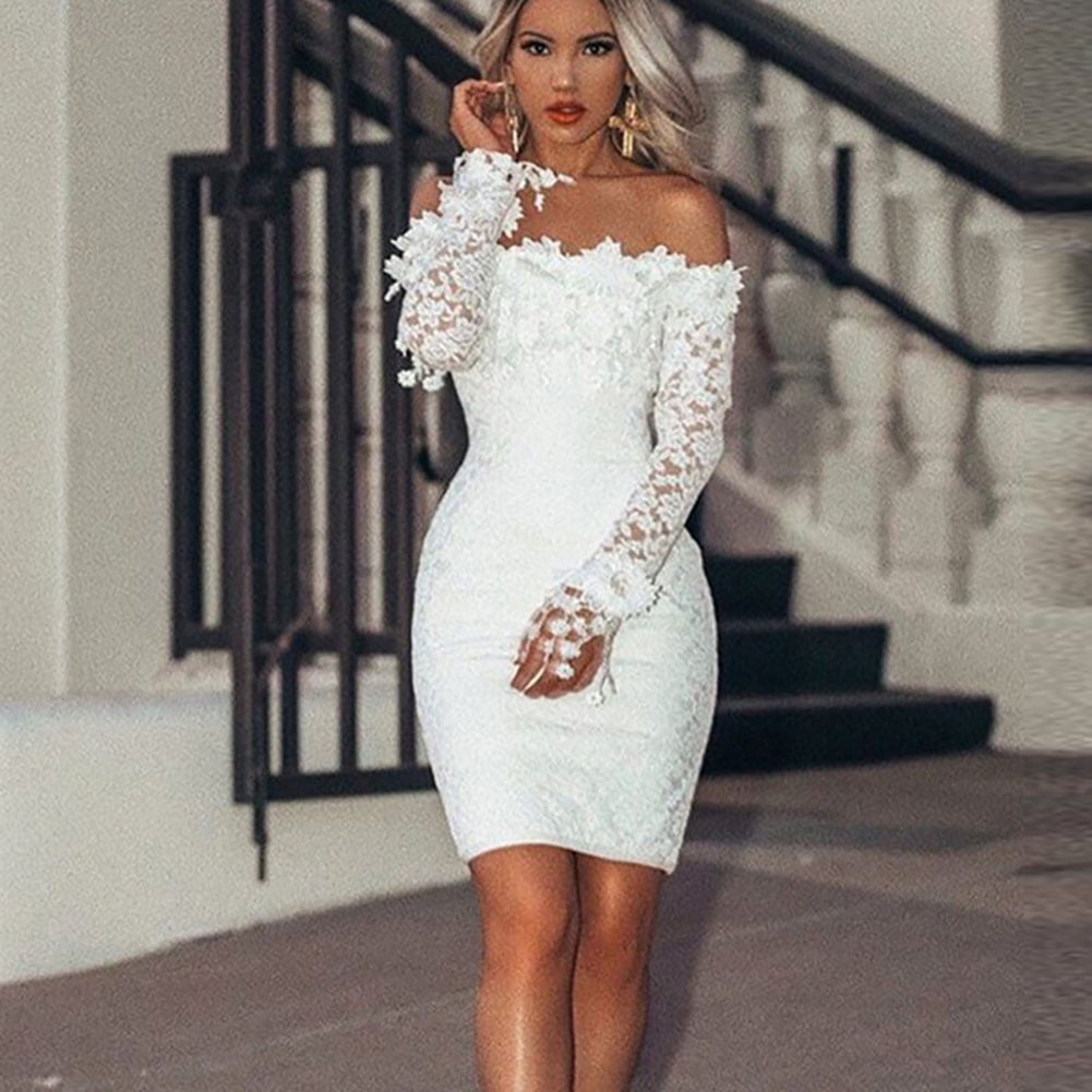 Long Sleeve Bodycon Lace White ...